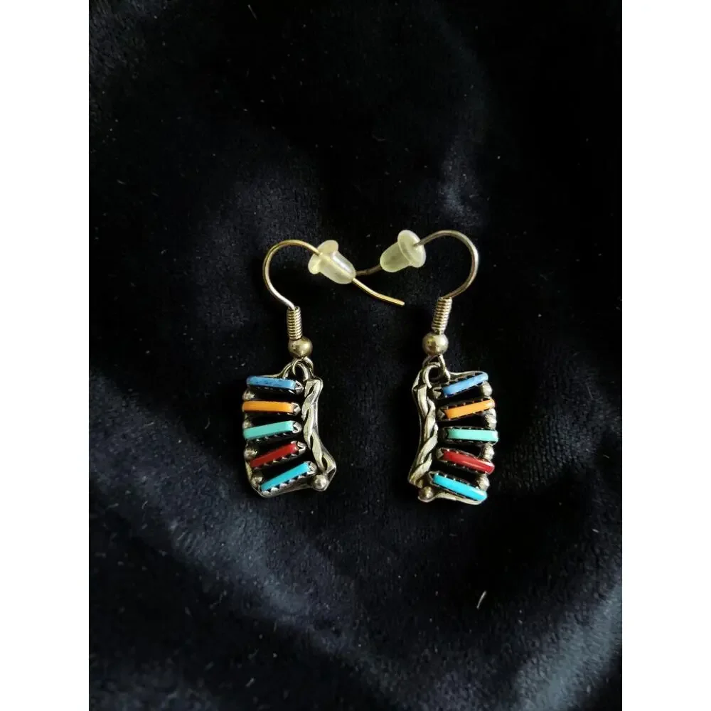 Zuni Sterling Multi-stone Rainbow Petit Point Necklace, Pendant & Earring Set